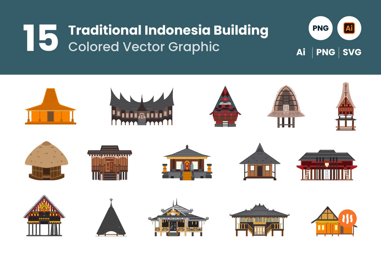 15 Indonesia Traditional Building Colored - Git Aset